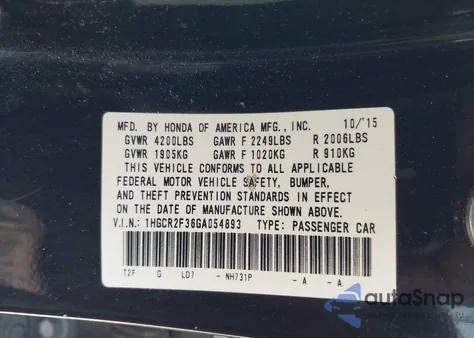 2016 Honda Accord Lx z USA, uszkodzony, nr VIN 1HGCR2F36GA054893